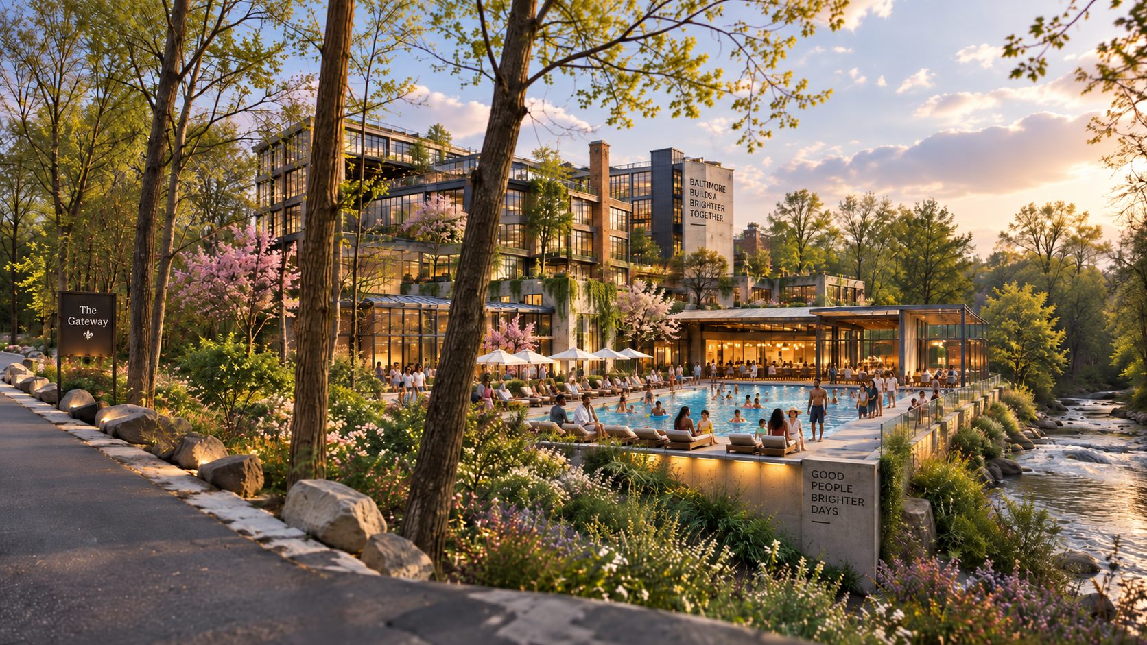 The Gateway terraces and pool overlooking the water at sunset