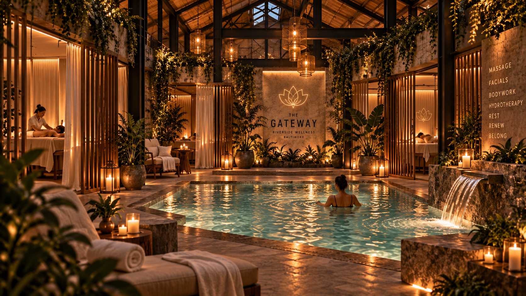 Warmly lit indoor hydrotherapy pool and treatment rooms framed by plants and steel