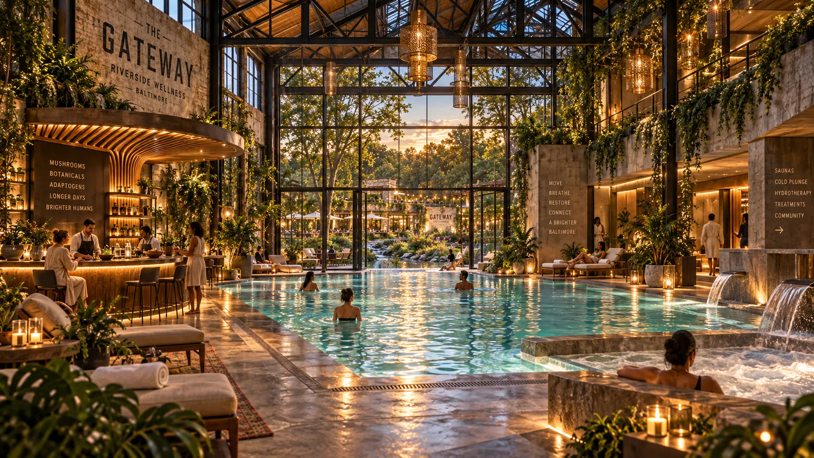 Indoor pool and sauna spaces facing the wooded river edge