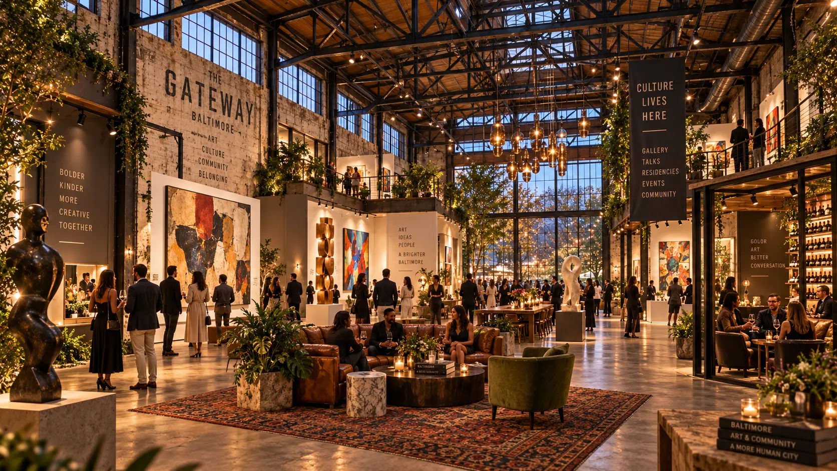 Artworks and sculpture installed in an active gathering hall
