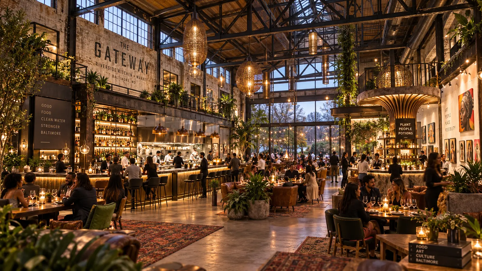 Open kitchen, market and bar arranged around long communal tables