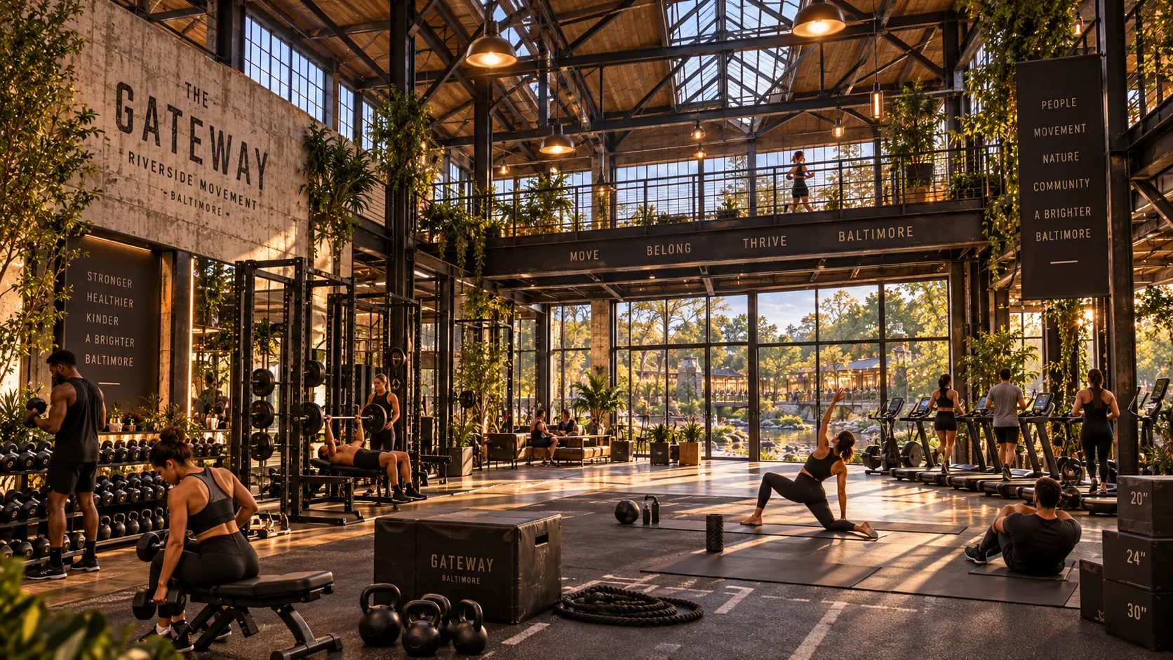 Training floor with strength equipment oriented toward the surrounding trees